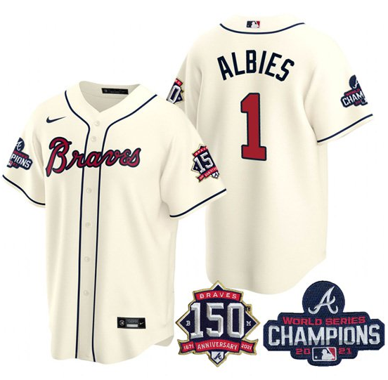 Men's Atlanta Braves #1 Ozzie Albies 2021 Cream World Series Champions With 150th Anniversary Patch Cool Base Stitched Jersey